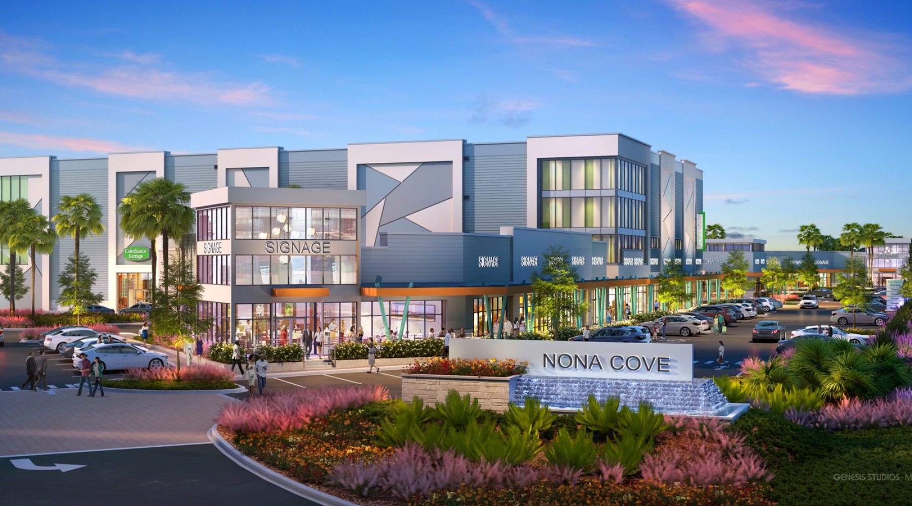 Roundabout with buildings in the background