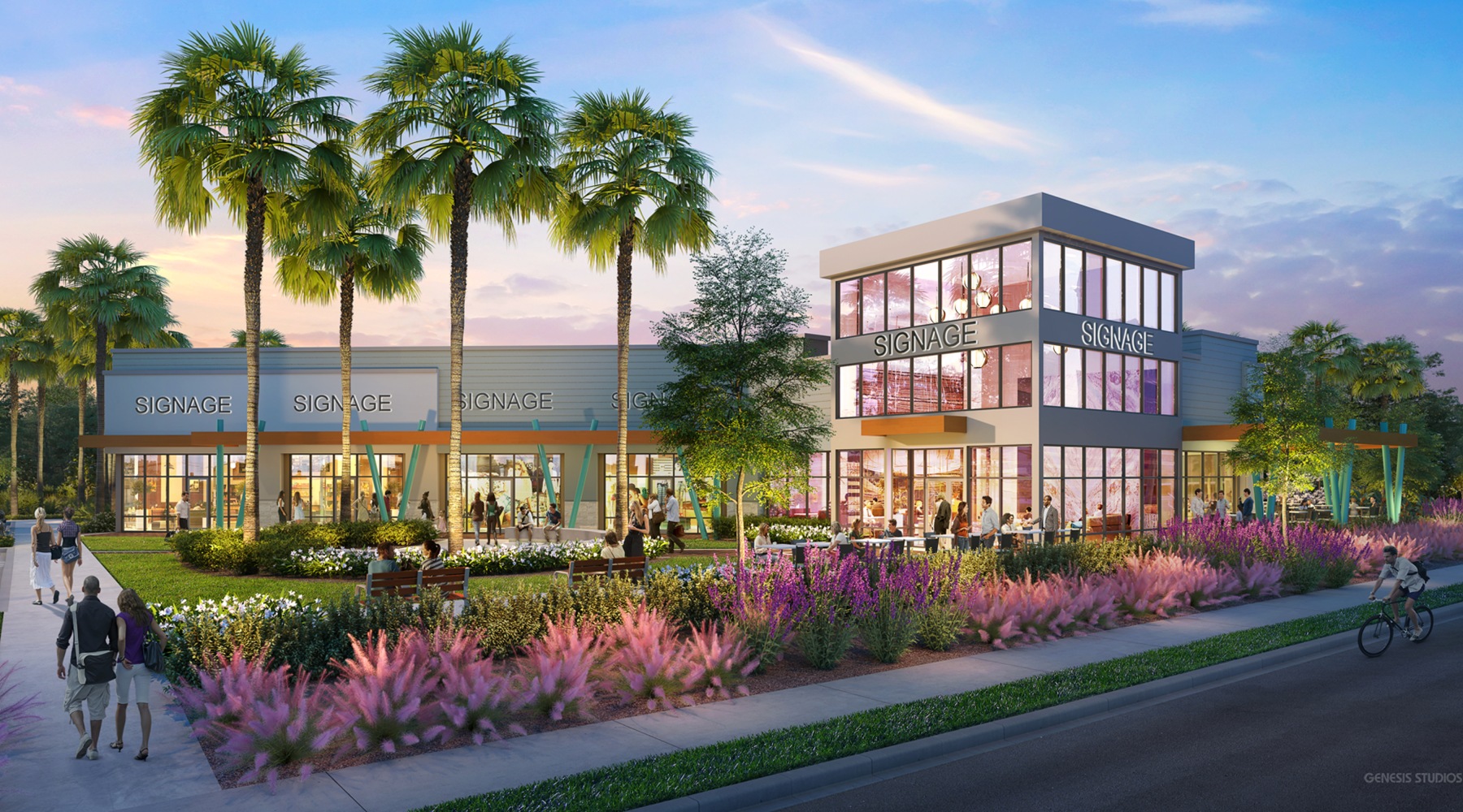 A building with lush landscaping and palm trees