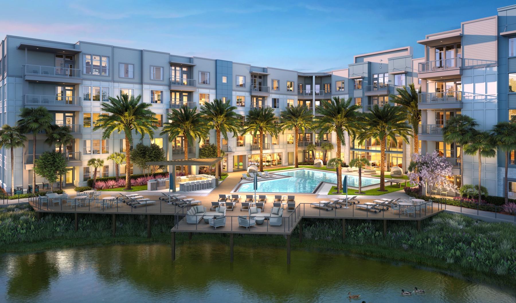 The essence of exceptional living a building with a pool and trees in a courtyard